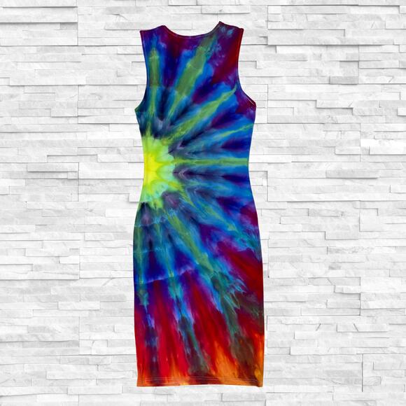 Ice Dyed Tank Dress - Sleeveless Bodycon - Vibrant Rainbow (Women's XSmall) - Picture 2 of 10